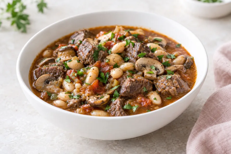 Quick Beef Stew with Mushrooms and White Beans