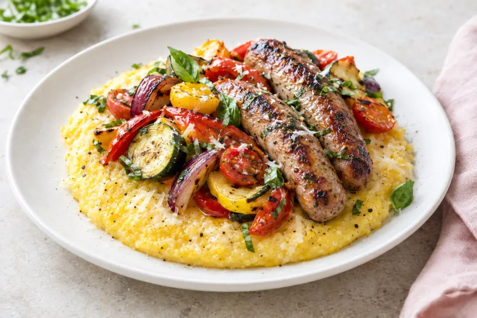 Cheesy Polenta with Grilled Sausages and Summer Vegetables