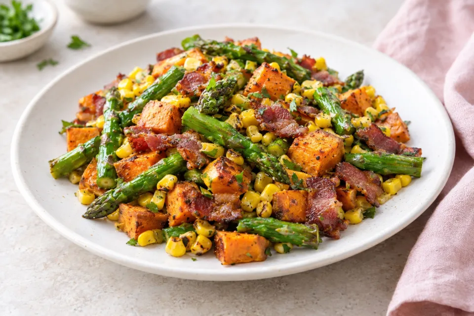 Asparagus, Bacon, Corn, and Sweet Potato Skillet