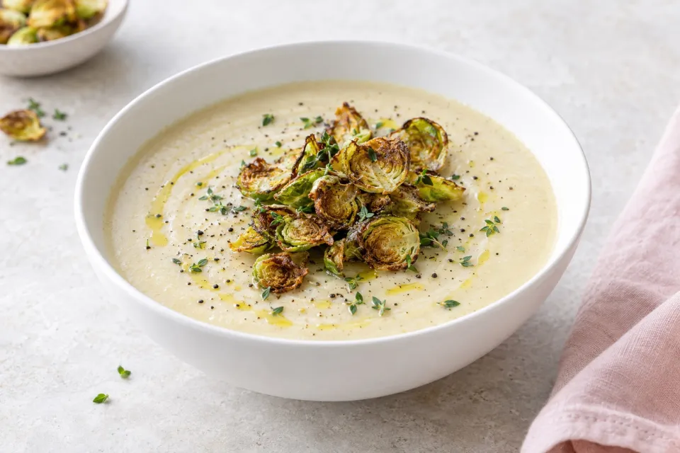 Cream of Celeriac Soup with Brussels Sprouts Chips