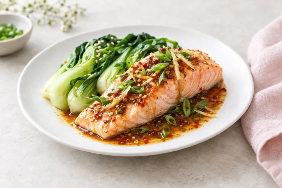 Ginger-Soy Steamed Salmon with Spicy Maple Sauce