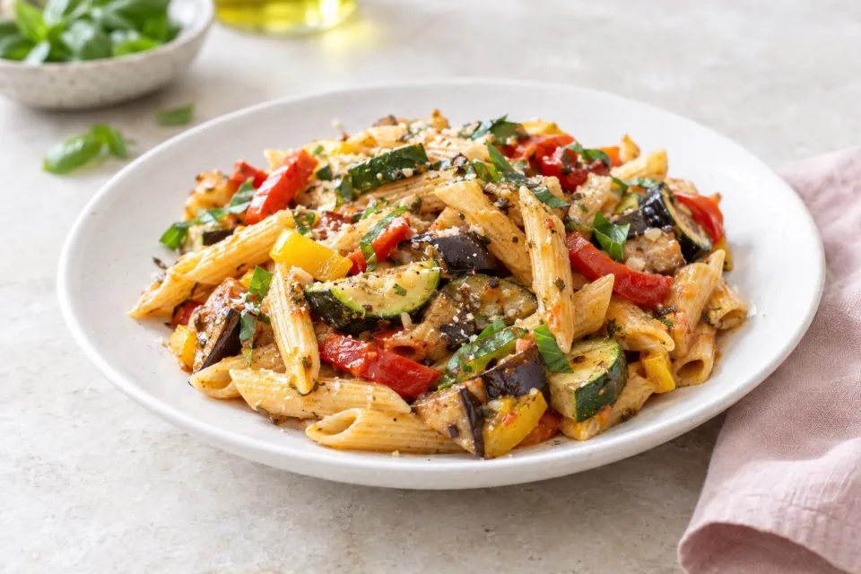 Weeknight Pasta with Zucchini, Eggplant, and Peppers