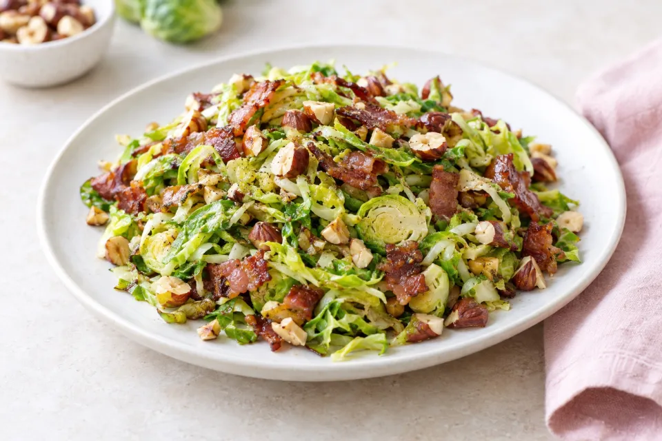 Shredded Brussels Sprouts with Bacon and Hazelnuts