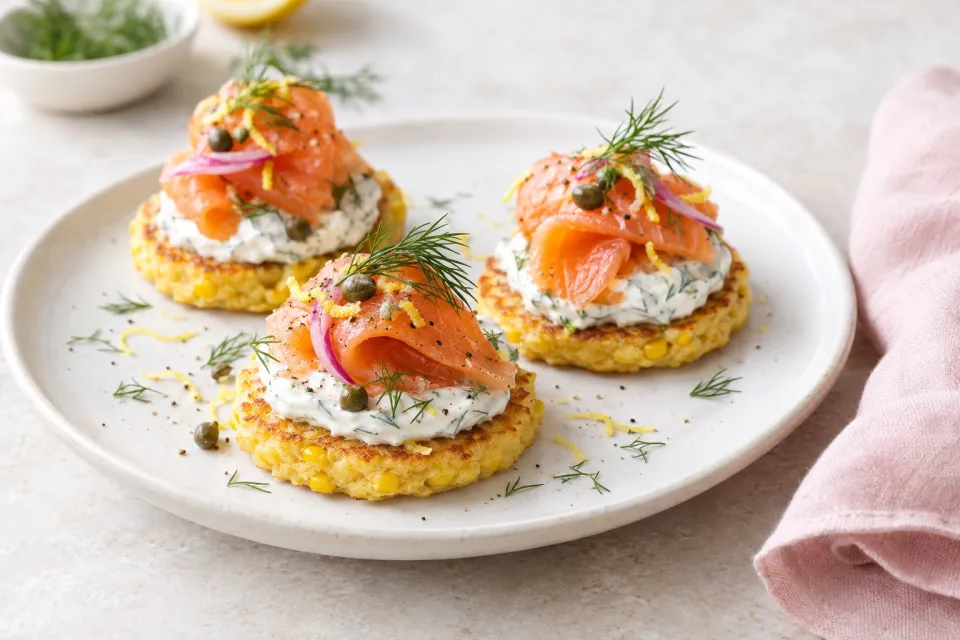 Mini Corn Cakes with Smoked Salmon and Dill Cr&egraveme Fra&icircche