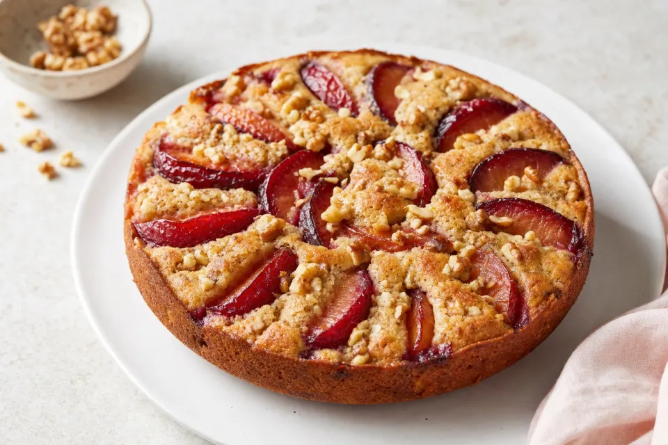 Plum Walnut Skillet Cake