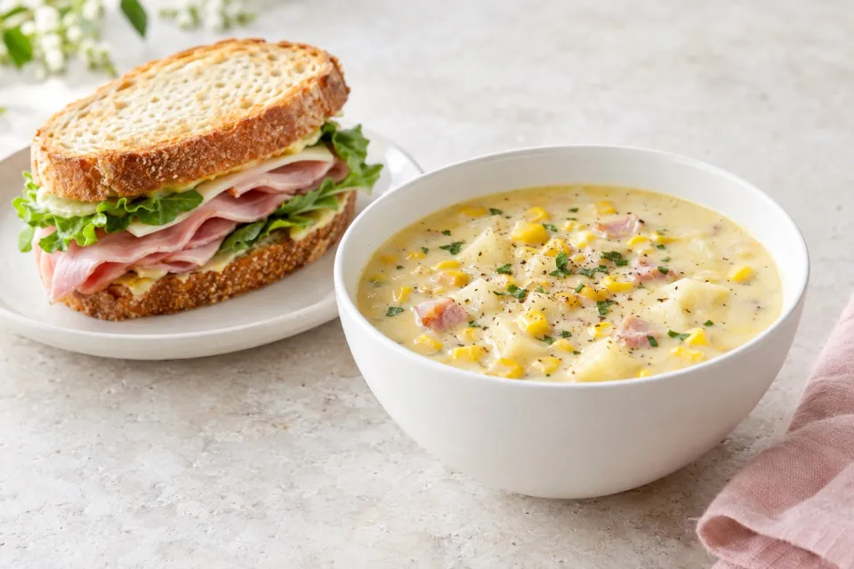 Ham Sandwich and Corn Chowder