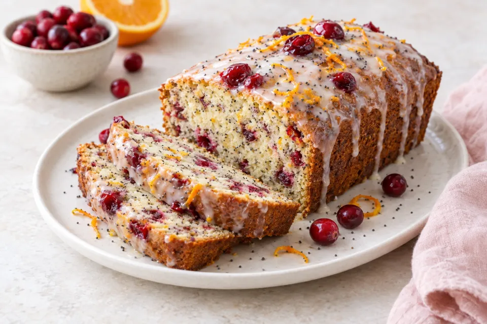 Orange Cranberry Glazed Poppy Seed Bread