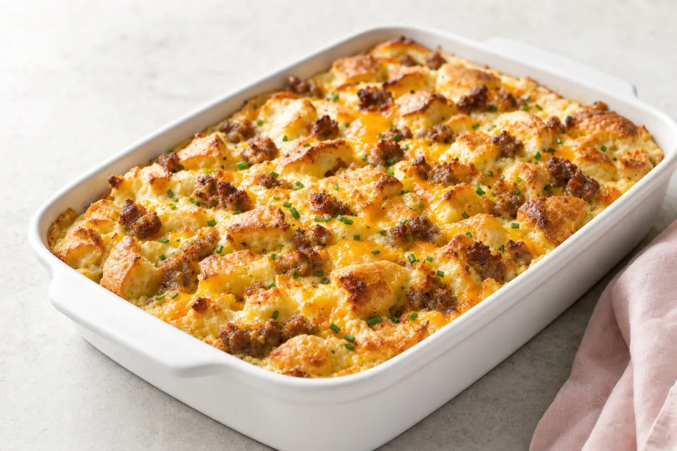 Bagel Breakfast Casserole with Sausage, Egg, and Cheese