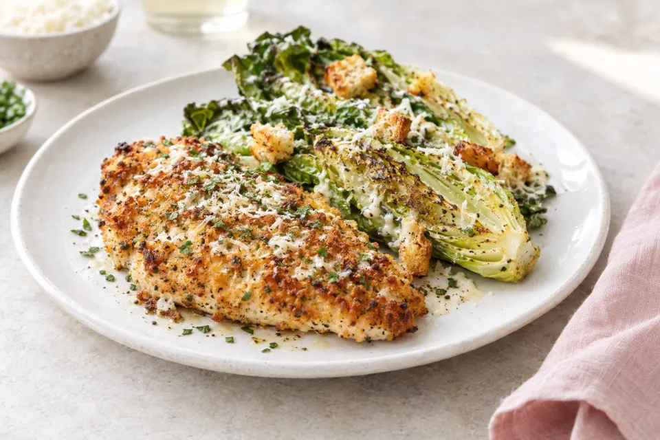 Parmesan Chicken with Caesar Roasted Romaine