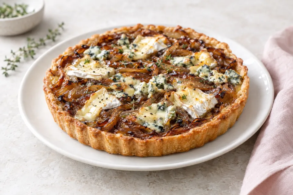 Caramelized Onion Tart with Gorgonzola and Brie