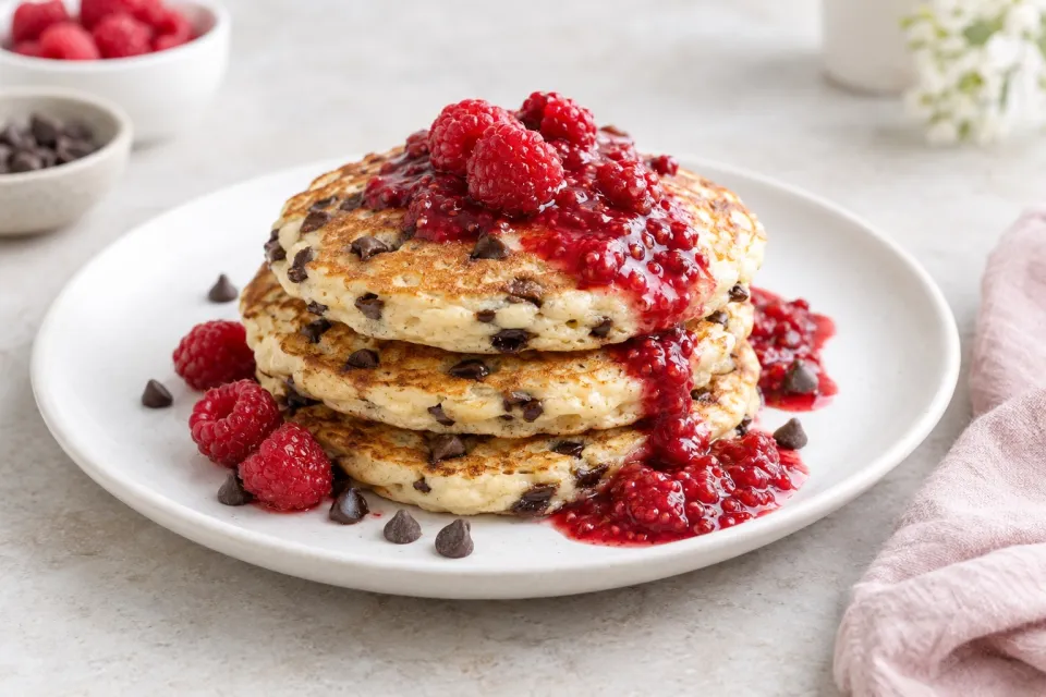Chocolate Chip Pancakes with Raspberry Sauce