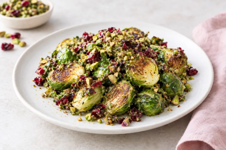 Roasted Brussels Sprouts with Cranberry Pistachio Pesto