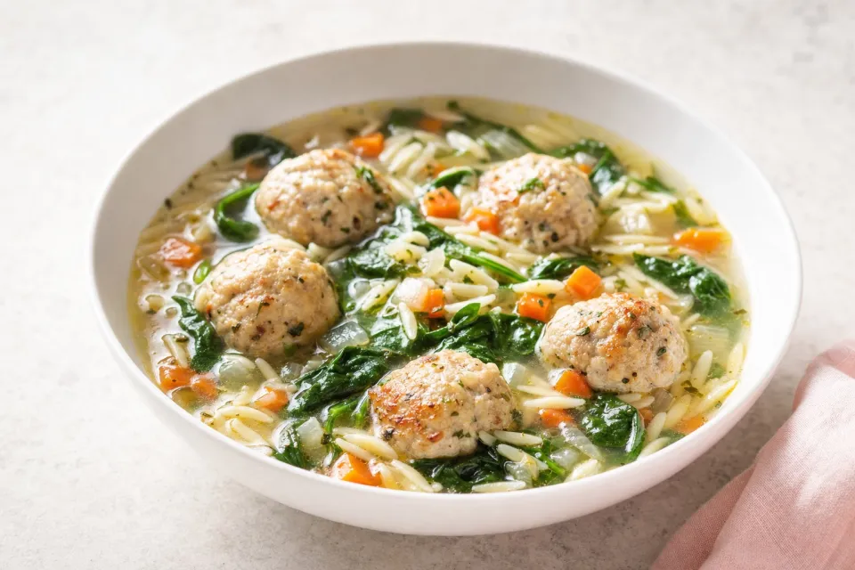 Turkey Meatball Soup with Spinach and Orzo