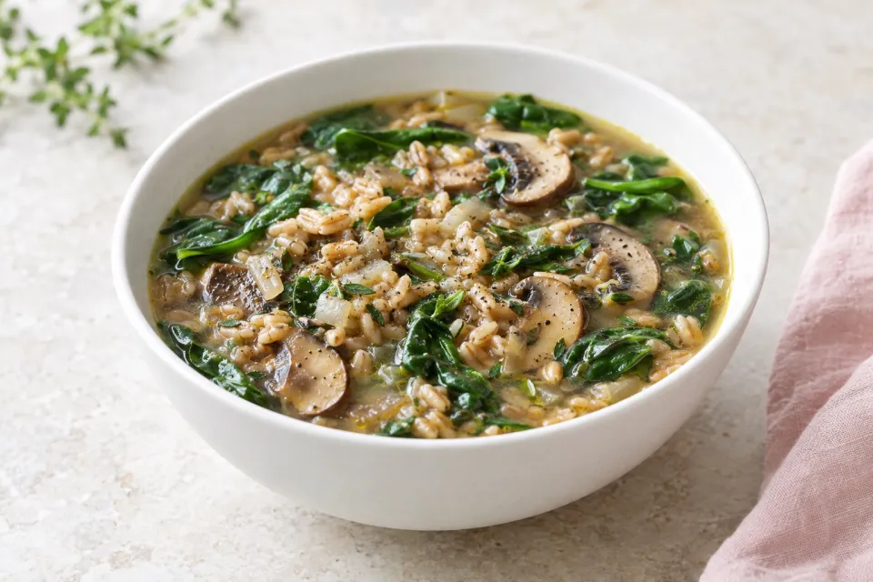 Farro, Mushroom, and Spinach Soup