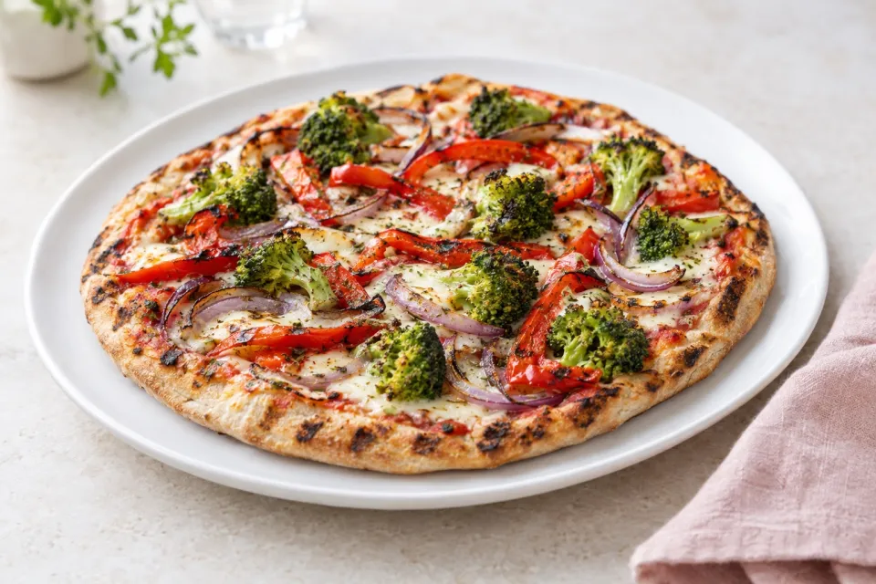 Grilled Pizza with Red Peppers, Broccoli, and Onions