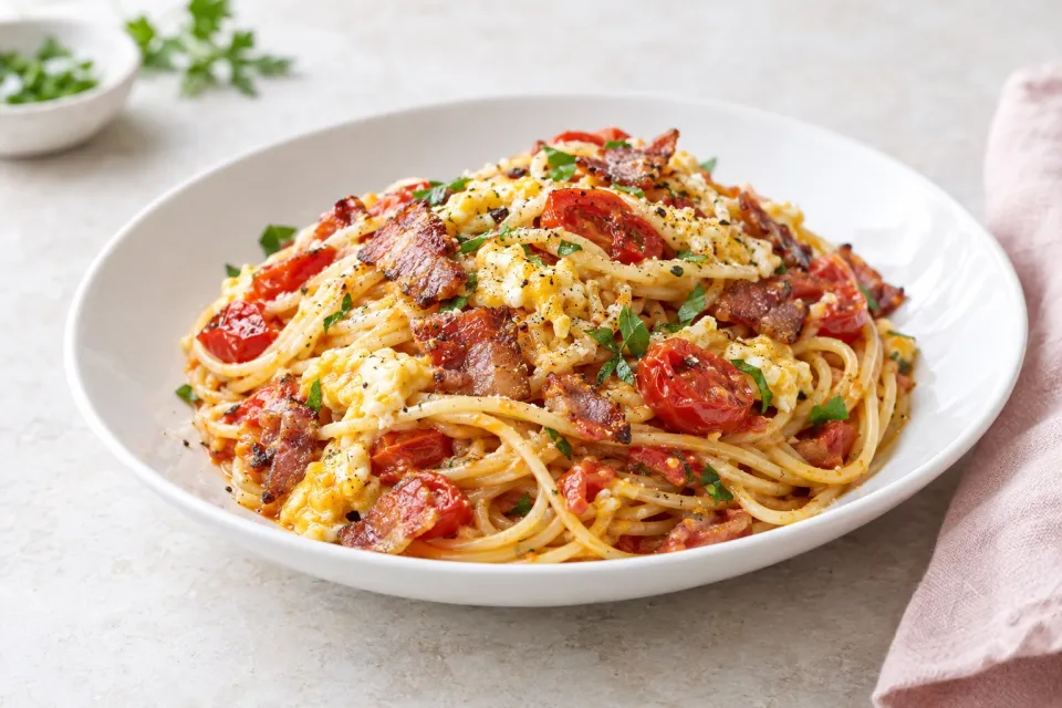 Spaghetti with Tomatoes, Bacon, and Eggs
