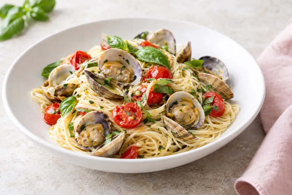 Angel Hair Pasta with Clams, Cherry Tomatoes, and Basil