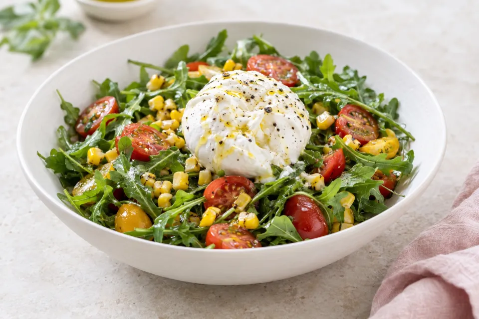 Arugula Salad with Tomatoes, Corn, and Burrata