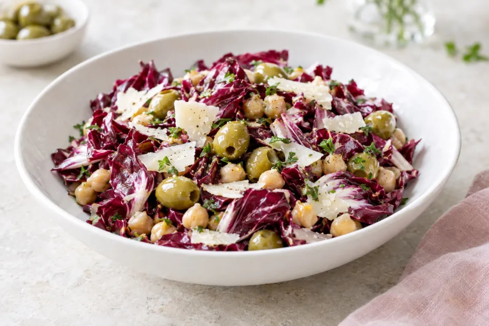 Radicchio Salad with Green Olives, Chickpeas, and Parmesan