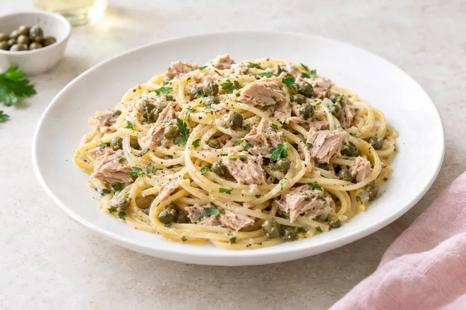 Pasta with Tuna and Capers in White Wine Sauce
