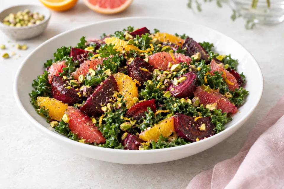 Festive Beet Citrus Salad with Kale and Pistachios