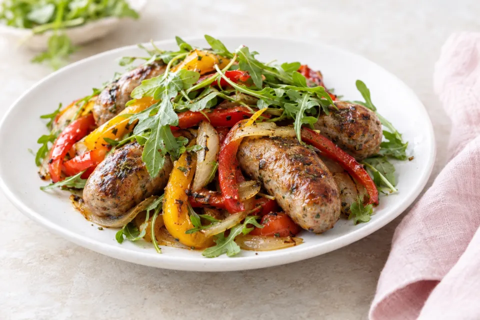 Grilled Italian Sausage with Peppers, Onions and Arugula