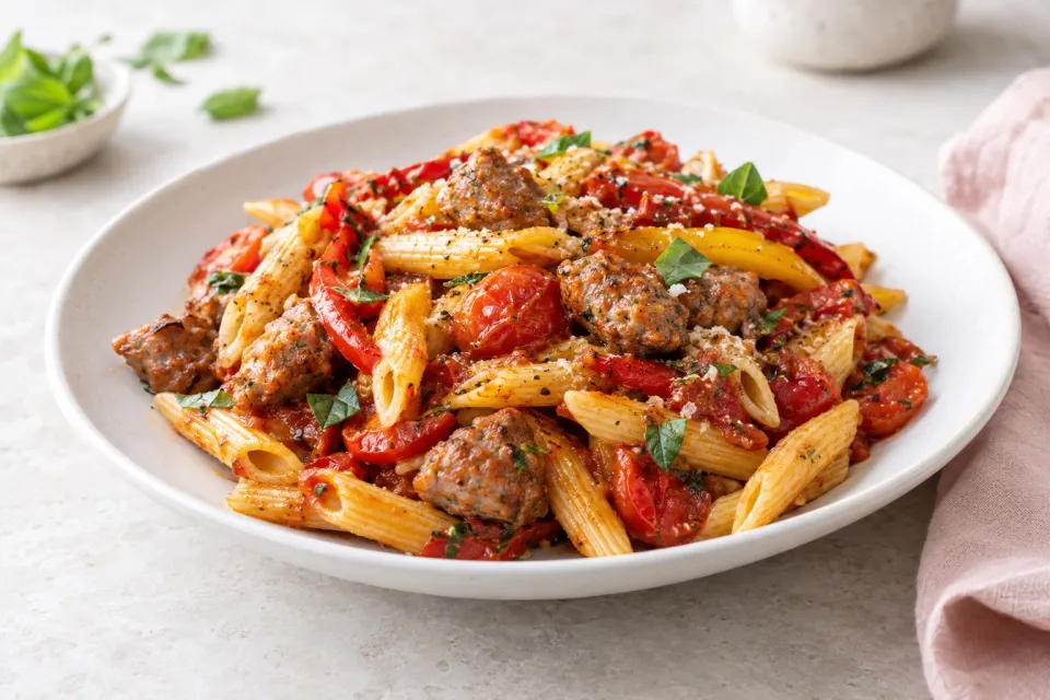 Pasta with Sausage, Tomatoes and Roasted Peppers