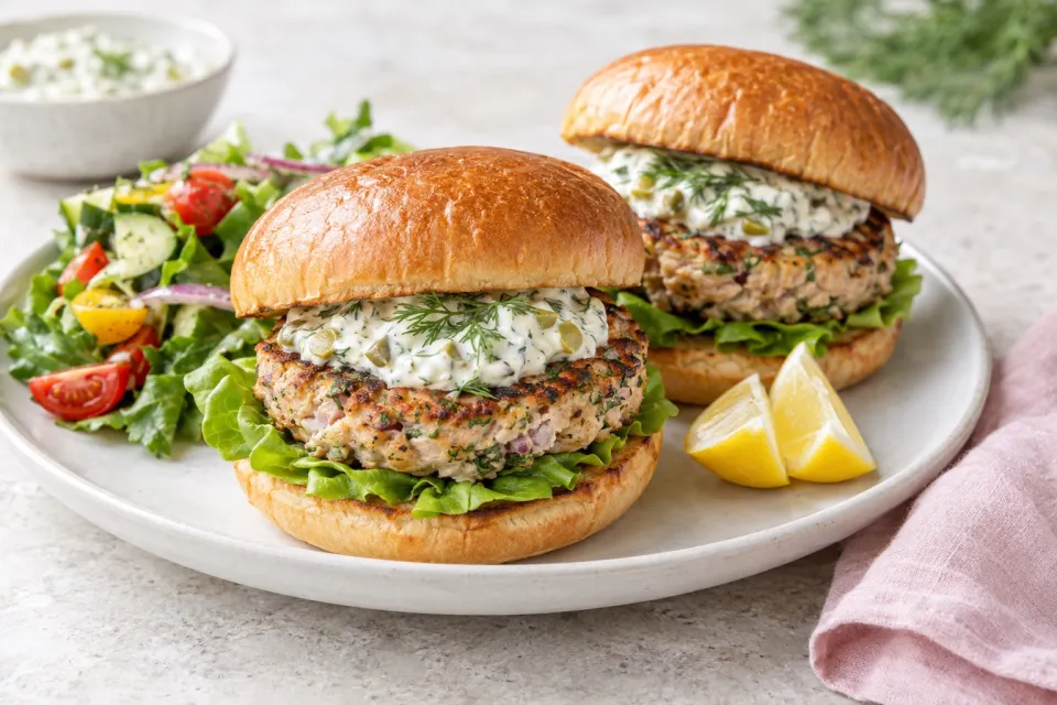 Tuna Burgers with Dill Olive Mayo