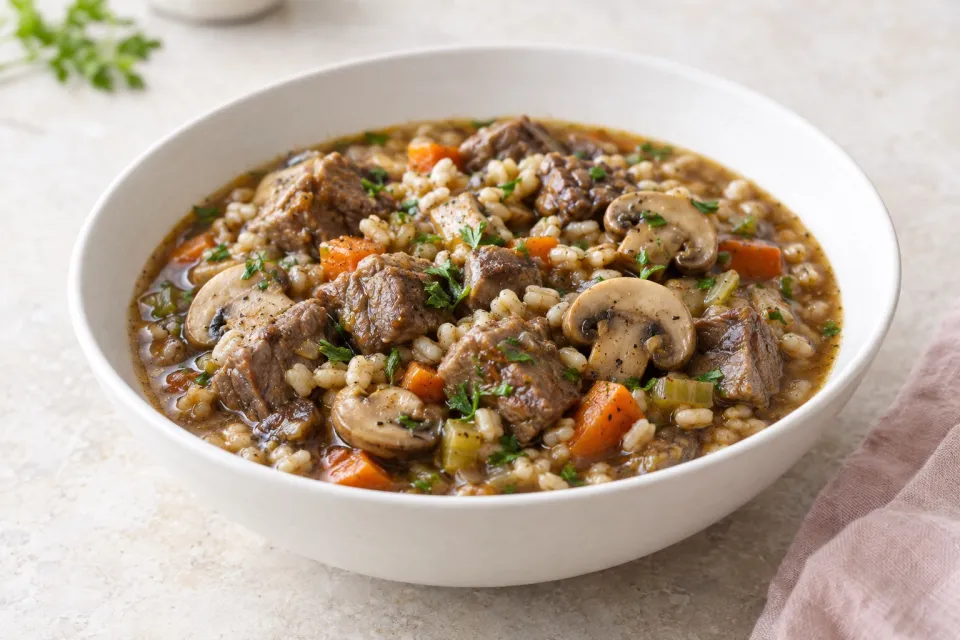 Beef and Barley Stew with Mushrooms
