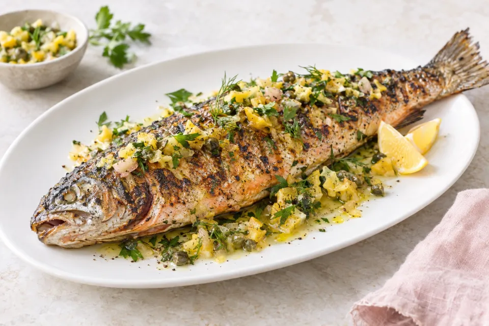 Grilled Whole Salmon with Preserved Lemon Relish