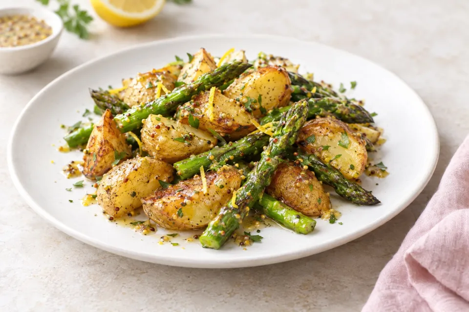 Roasted Potatoes and Asparagus with Lemon-Mustard Dressing
