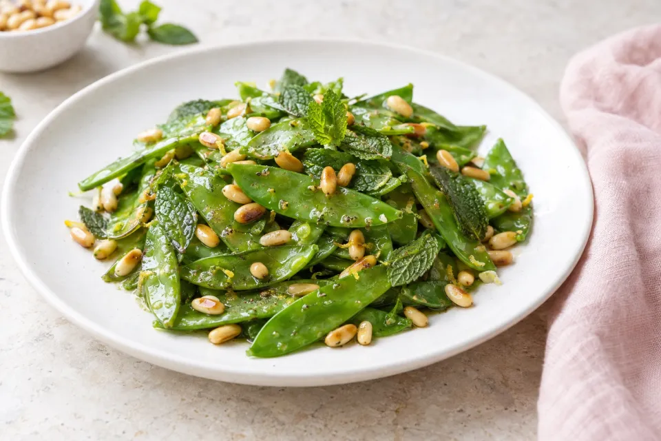 Snow Peas with Pine Nuts and Mint