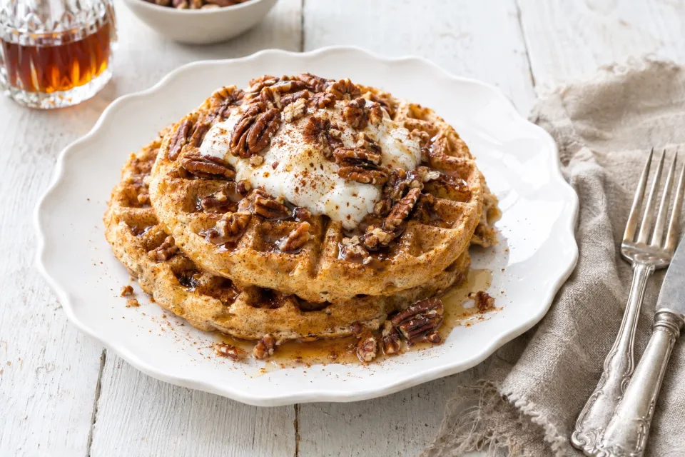 Spiced Yogurt Waffles with Toasted-Pecan Maple Syrup
