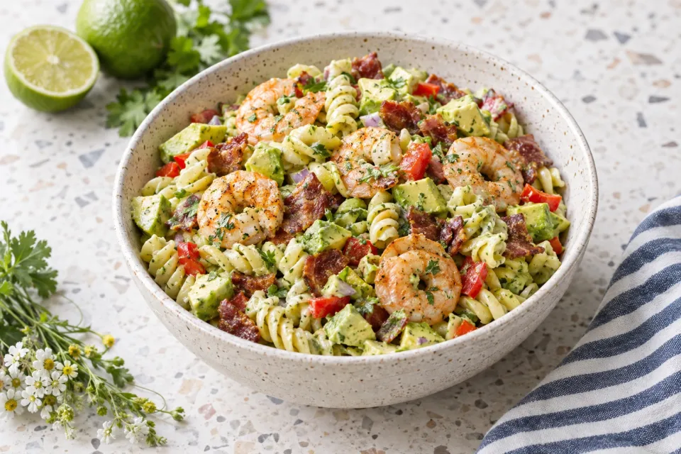 Shrimp, Bacon, Avocado Pasta Salad