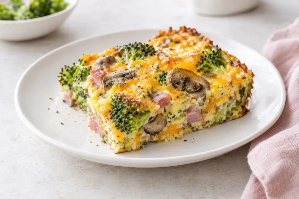 Broccoli, Mushrooms, Ham, and Cheddar Baked with Eggs