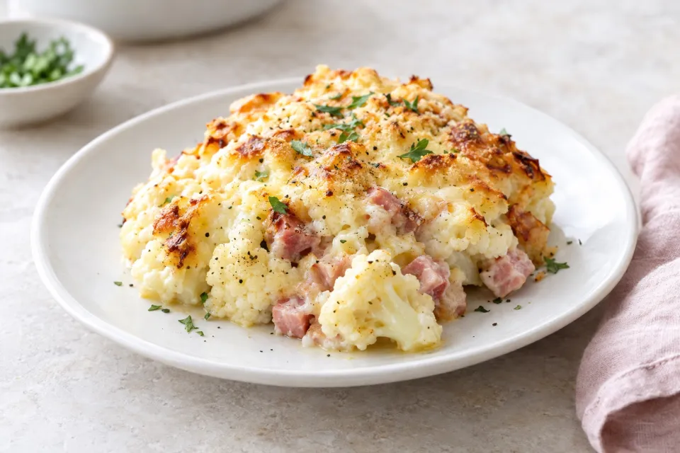 Ham and Cauliflower Casserole Au Gratin
