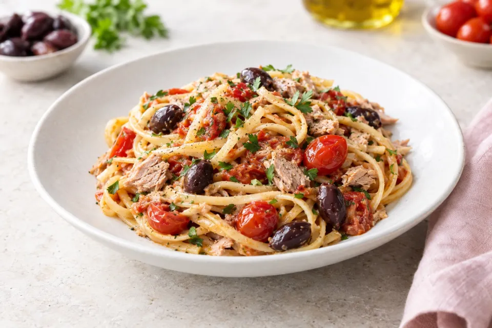 Tuna Pasta with Tomato and Olives