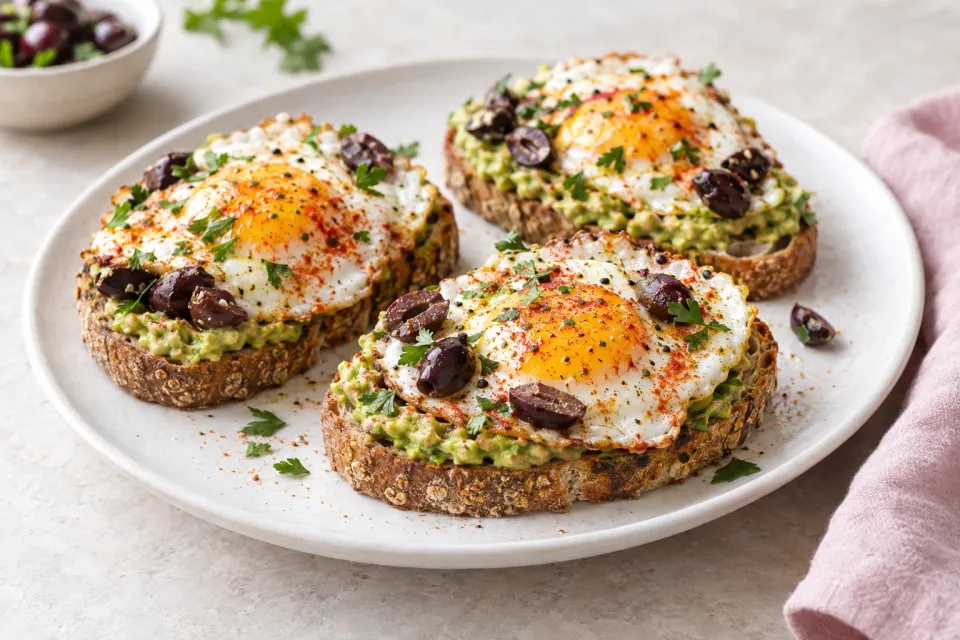 Avocado Toasts with Fried Egg, Olives, and Smoked Paprika