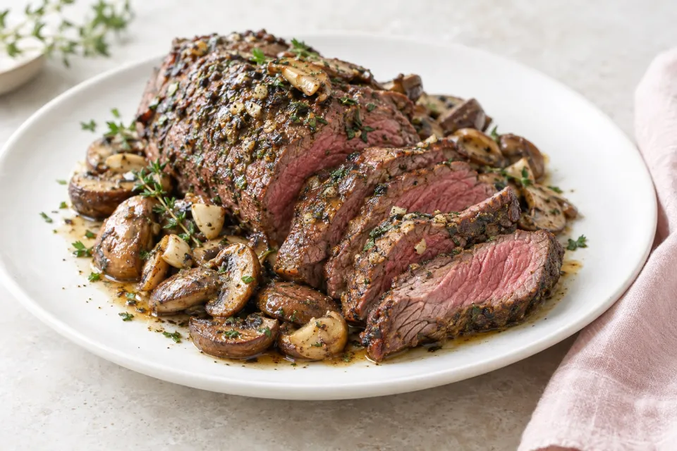 Marinated Tri-Tip Roast with Mushrooms and Garlic