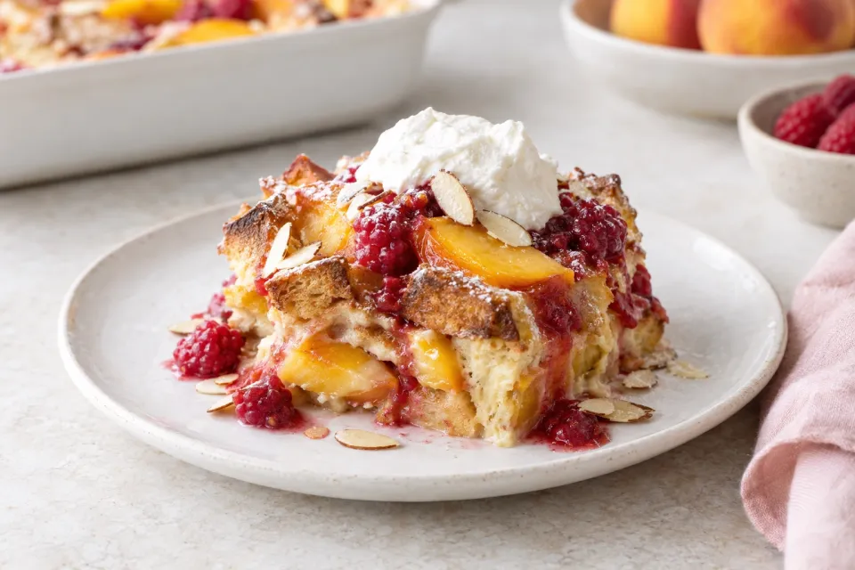 Peach Melba French Toast Casserole