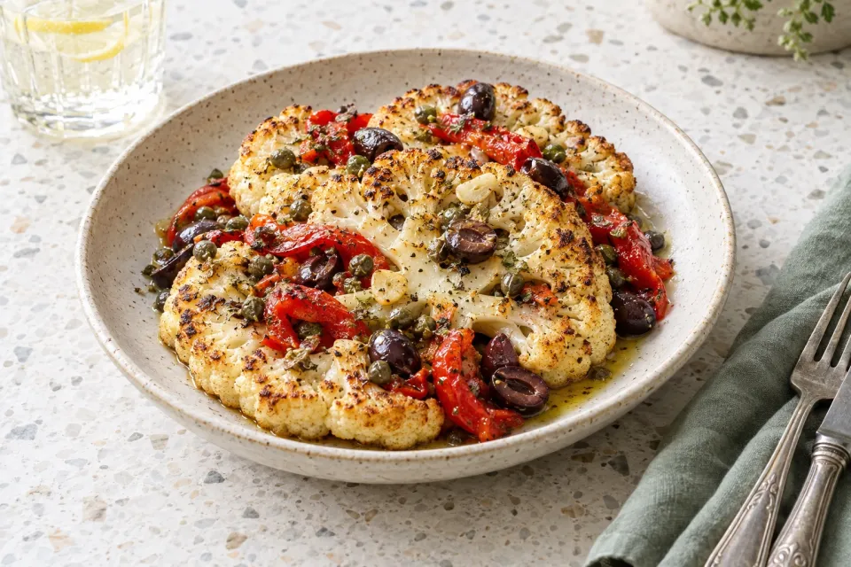 Roasted Cauliflower Slices with Red Pepper, Capers, and Olives