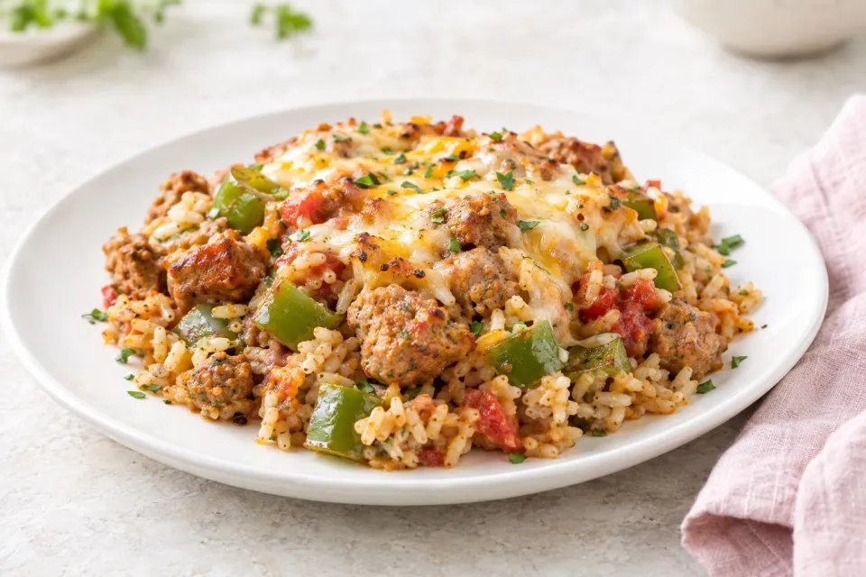 Easy Brown Rice Casserole with Turkey Italian Sausage and Green Bell Pepper