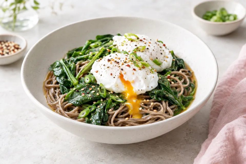 Soba Noodle Bowls with Spinach and Poached Eggs