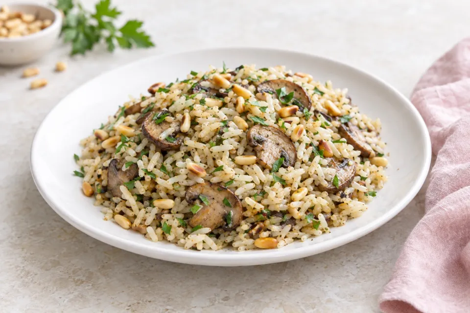 Rice Pilaf with Mushrooms and Pine Nuts