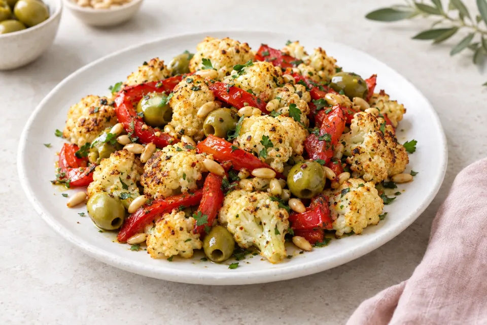 Roasted Cauliflower with Red Peppers, Green Olives, and Pine Nuts