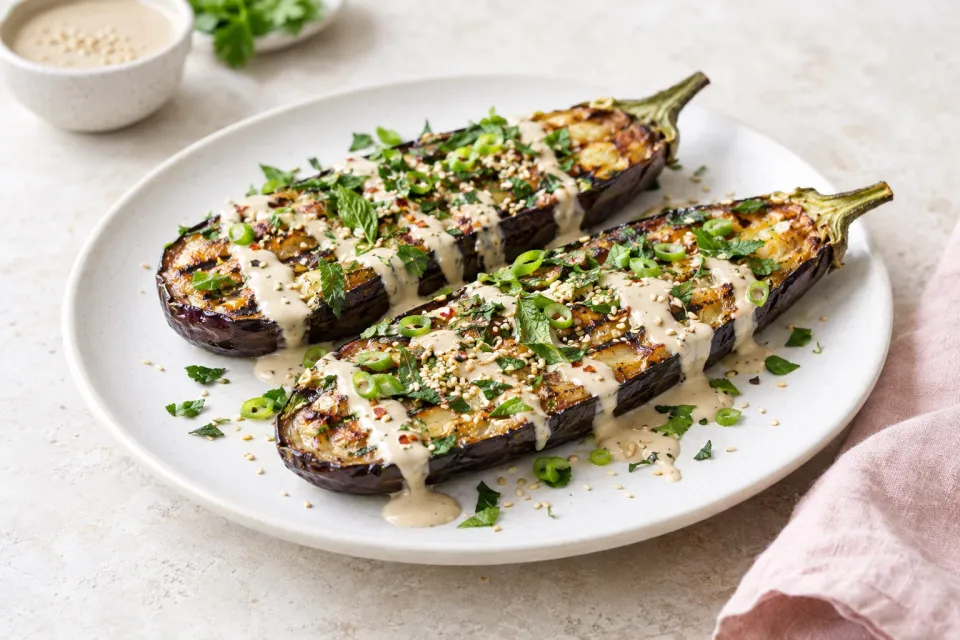 Grilled Japanese Eggplant with Tahini Sauce