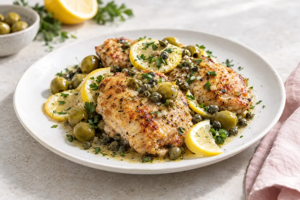Skillet Chicken with Lemon, Green Olives, and Capers