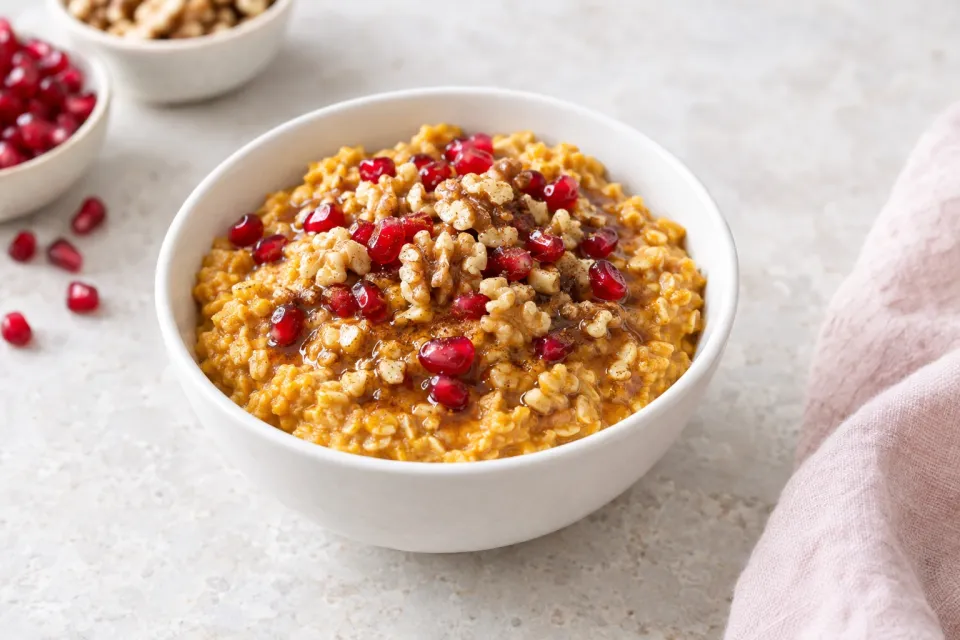 Pumpkin Oatmeal with Walnuts, Pomegranate Seeds & Maple