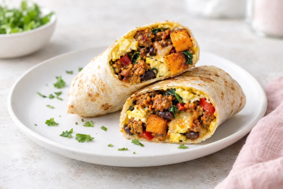 Freezer Friendly Sweet Potato and Turkey Chorizo Breakfast Burritos