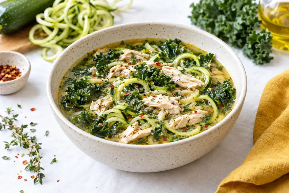 Keto Chicken Kale Zoodle Soup {Low Carb & Gluten Free}